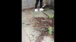 Step mom fucked through ripped leggings in the back yard by step son