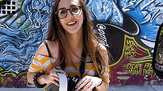 Amateur with glasses gets fucked on BangBus