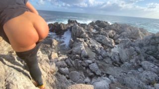 risky outdoor sex on a public beach wearing his hot cum on my ass