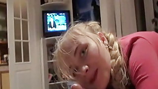 Blonde cutie is sucking on a hard rod