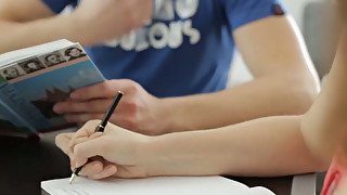 Pigtailed teen gets her shaved pussy licked and fucked on a table