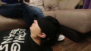 Femdome Slave gag stay on face shoes white socks feet mistress