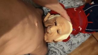 Skinny shoves his sick inside his teddy bear mouth who wears an old man mask