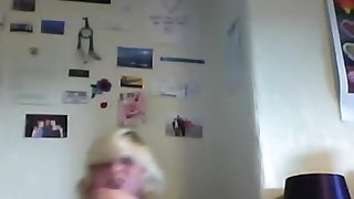 Blonde girl masturbates on the floor and sucks her bf's cock