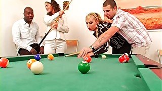 Bright and seductive gals with nice butts get fucked tough in the billiard hall