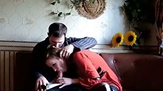 Filthy fair haired wench in latex boots gives solid BJ to her guy