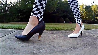 Crossdresser in short dress and heels walking around a park