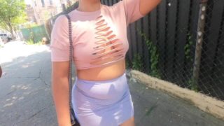 Wife with pasties in see through cut up shirt and no bra and skirt in public