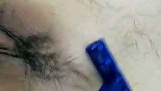 Carefully shaving tight hairy pussy of my Taiwanese girlfriend