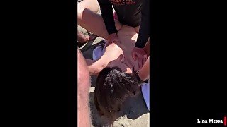 Amateur beach gang bang orgy with three guys and cum on face