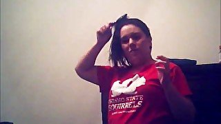 Hidden camera of slutty chubby brunette putting on her clothes after shower