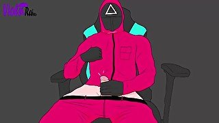 Squid Game masked man masturbates while sitting on a gamer chair - Squid game hentai porn