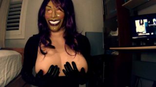 Purple Sheli Pt2! Double masked girl puts on her leather gloves and plays with her huge rubber tits!