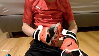 Blond boy jerk off in soccer gear and come on the soccer gear from his boyfriend