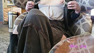 Flashing my Tits and Playing with My Thick Nipples in Public - I was Almost Caught