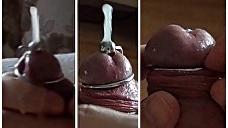Cumshot through penis urethral plug with glans ring (slow motion cumshot)